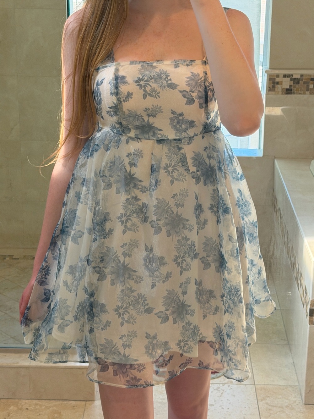 Altar'd State White Dress with Blue Floral Overlay